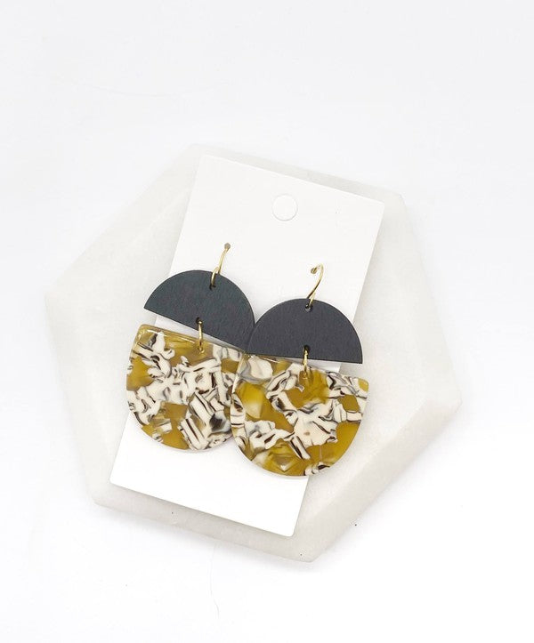 Mustard Acrylic and Wood Deco Drops earrings featuring unique shapes and lightweight design, perfect for stylish outfits.