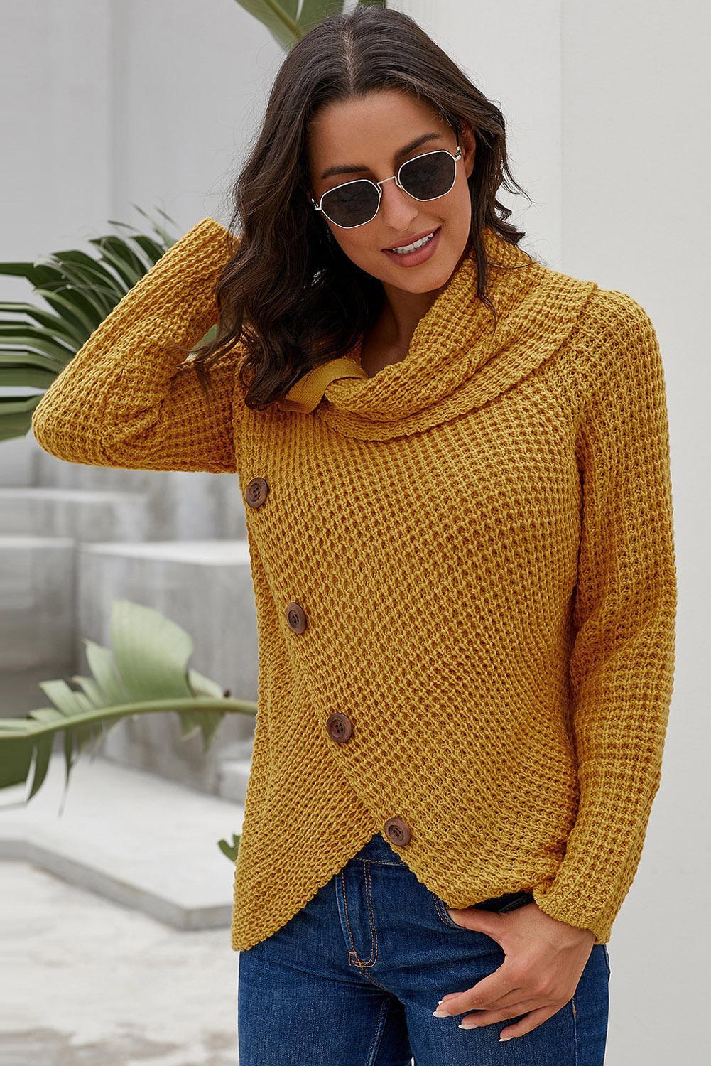 Mustard Buttoned Wrap Turtleneck Sweater featuring decorative buttons and asymmetric design, perfect for winter wear.