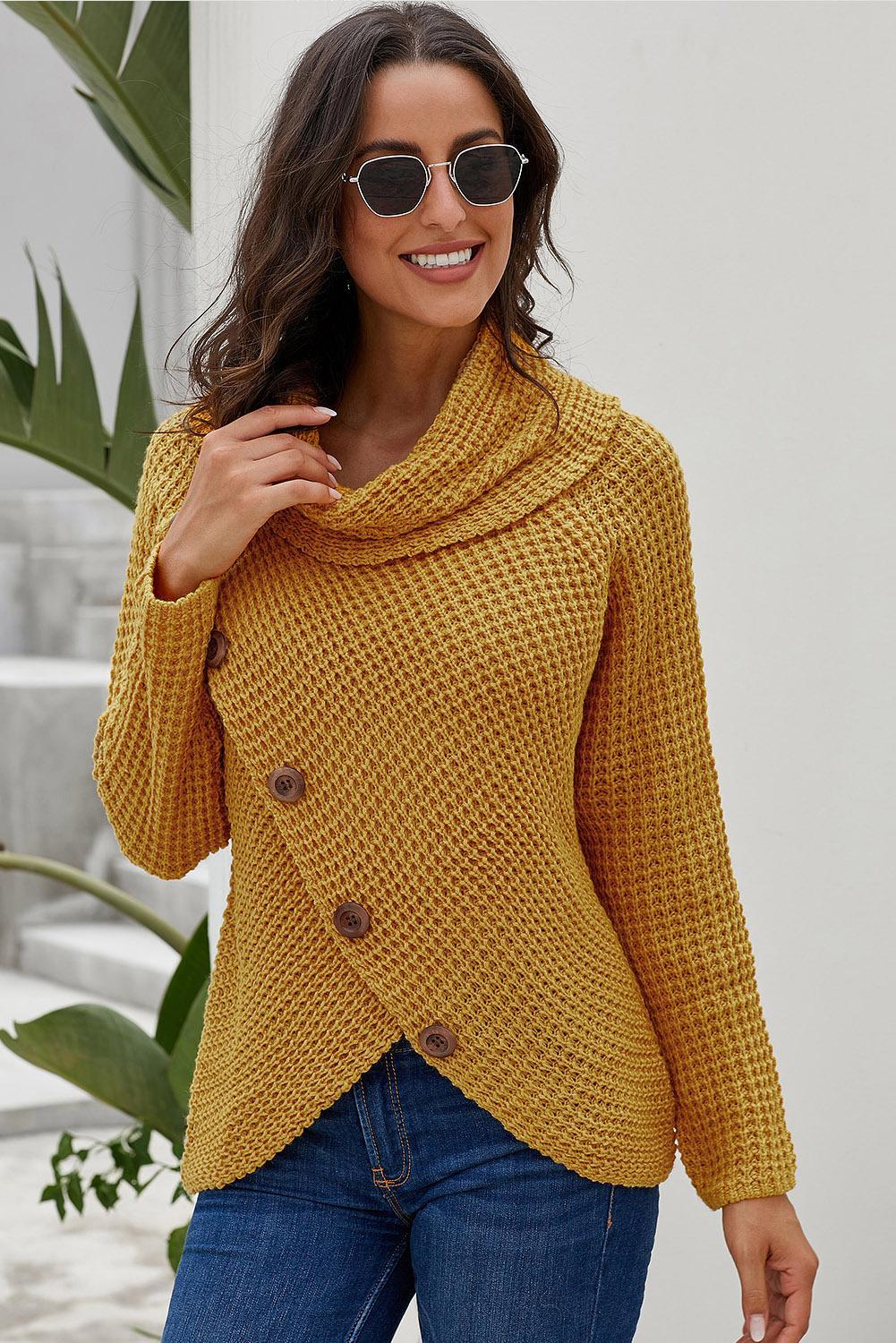 Mustard Buttoned Wrap Turtleneck Sweater featuring decorative buttons and asymmetric design, perfect for winter wear.