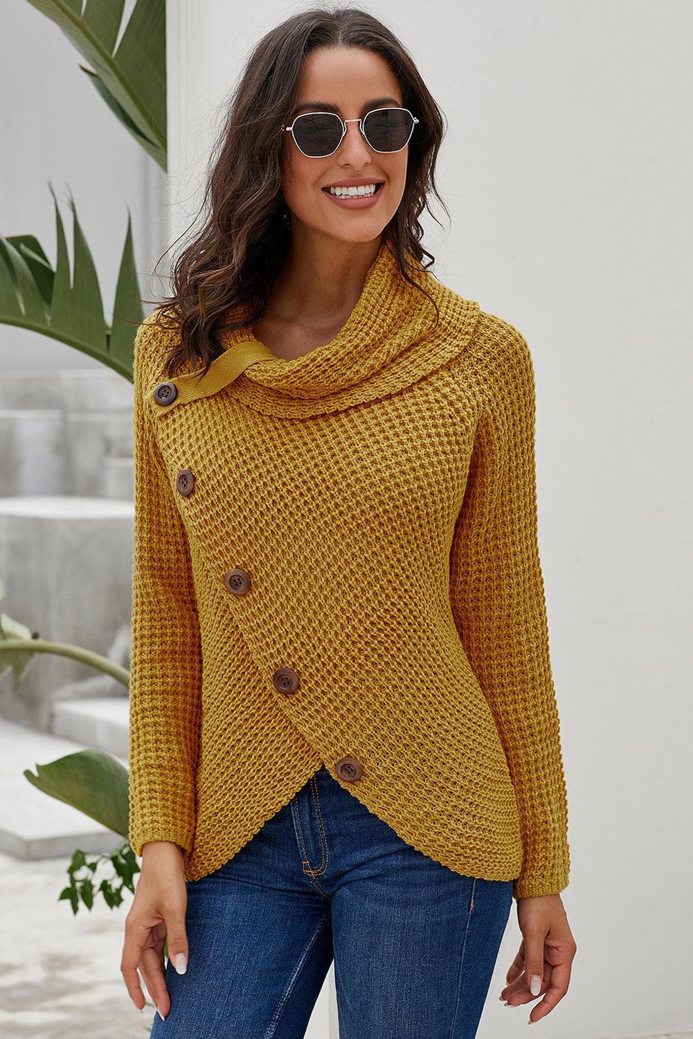 Mustard Buttoned Wrap Turtleneck Sweater featuring decorative buttons and asymmetric design, perfect for winter wear.