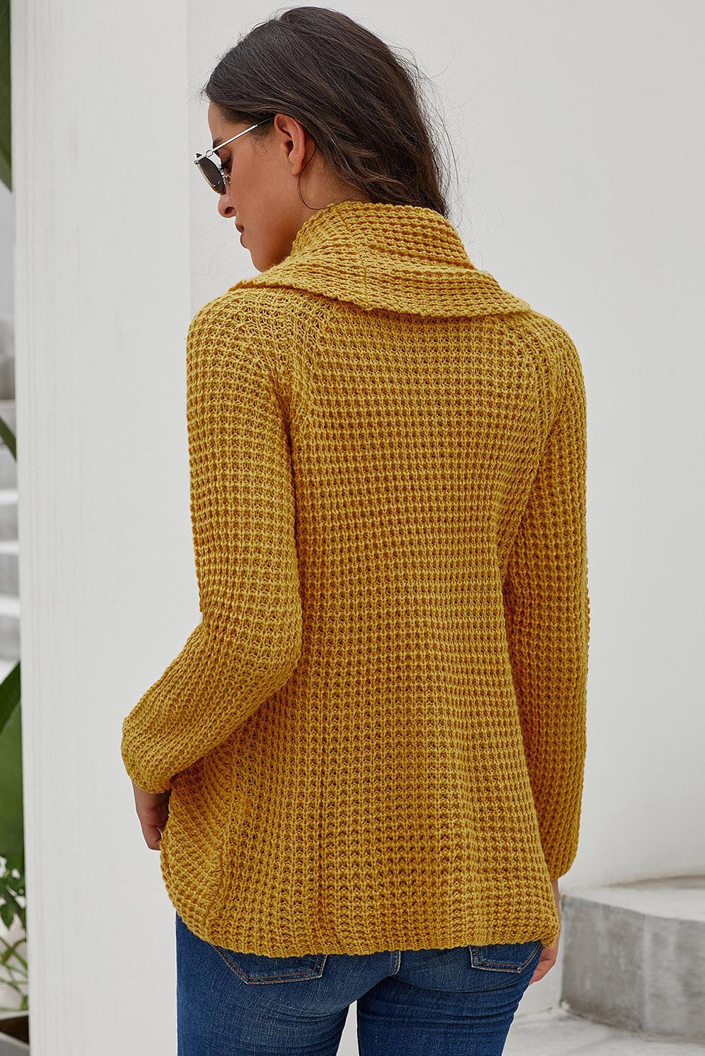 Mustard Buttoned Wrap Turtleneck Sweater featuring decorative buttons and asymmetric design, perfect for winter wear.