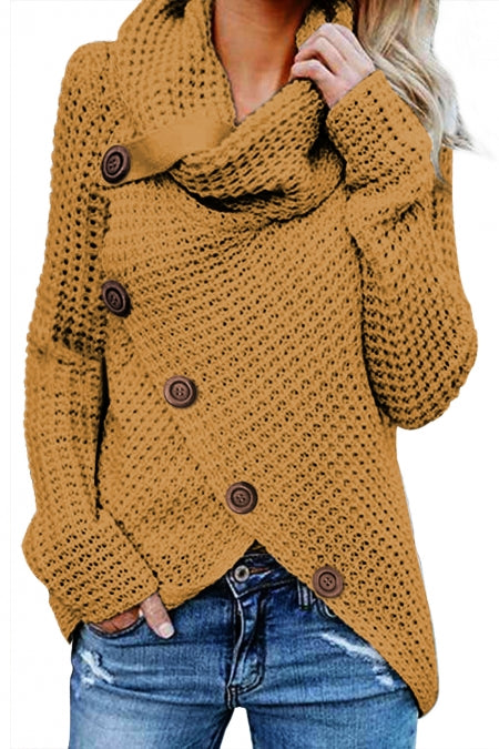 Mustard Buttoned Wrap Turtleneck Sweater featuring decorative buttons and asymmetric design, perfect for winter wear.