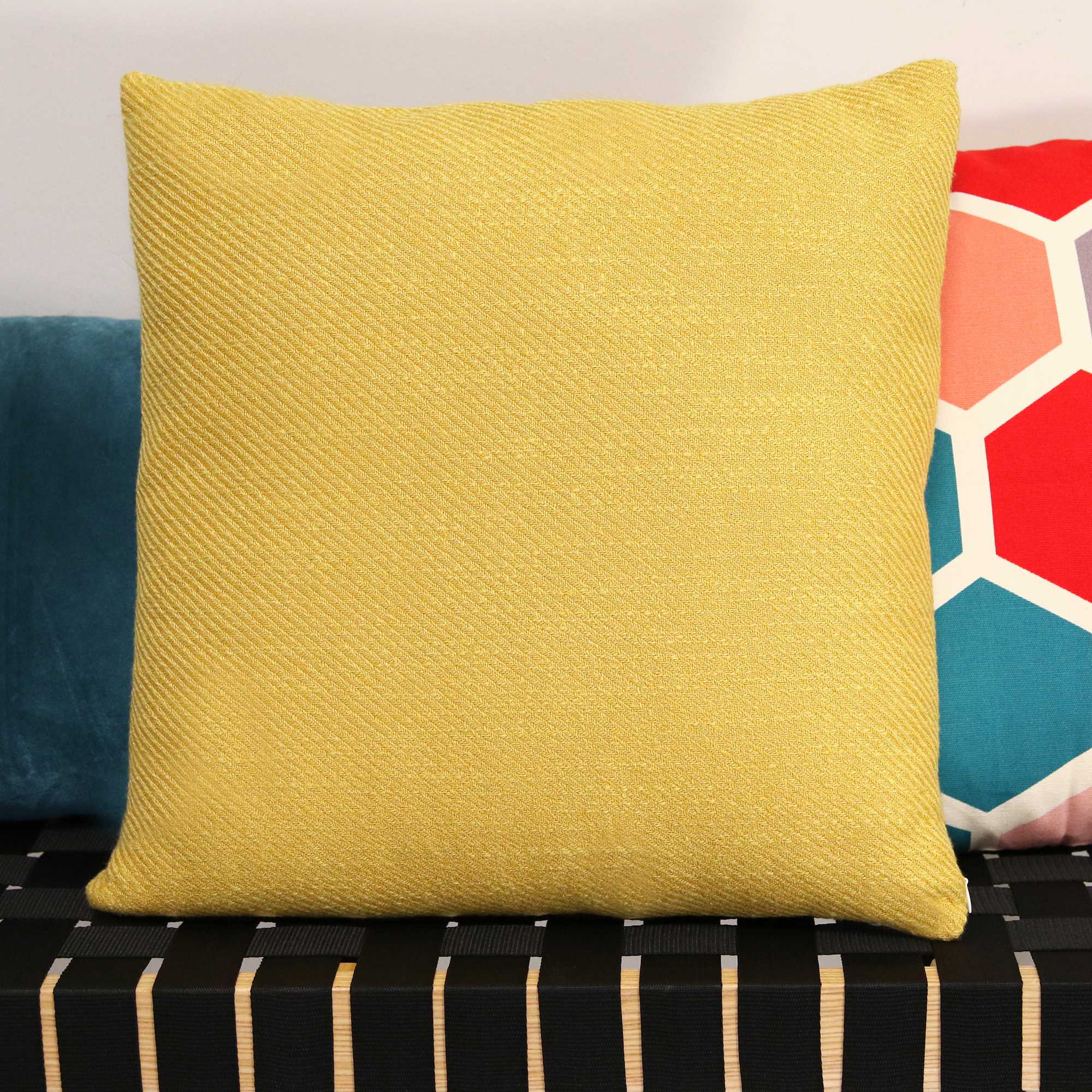 Mustard yellow tweed textured velvet square pillow, 18 inches, soft and stylish for home decor.