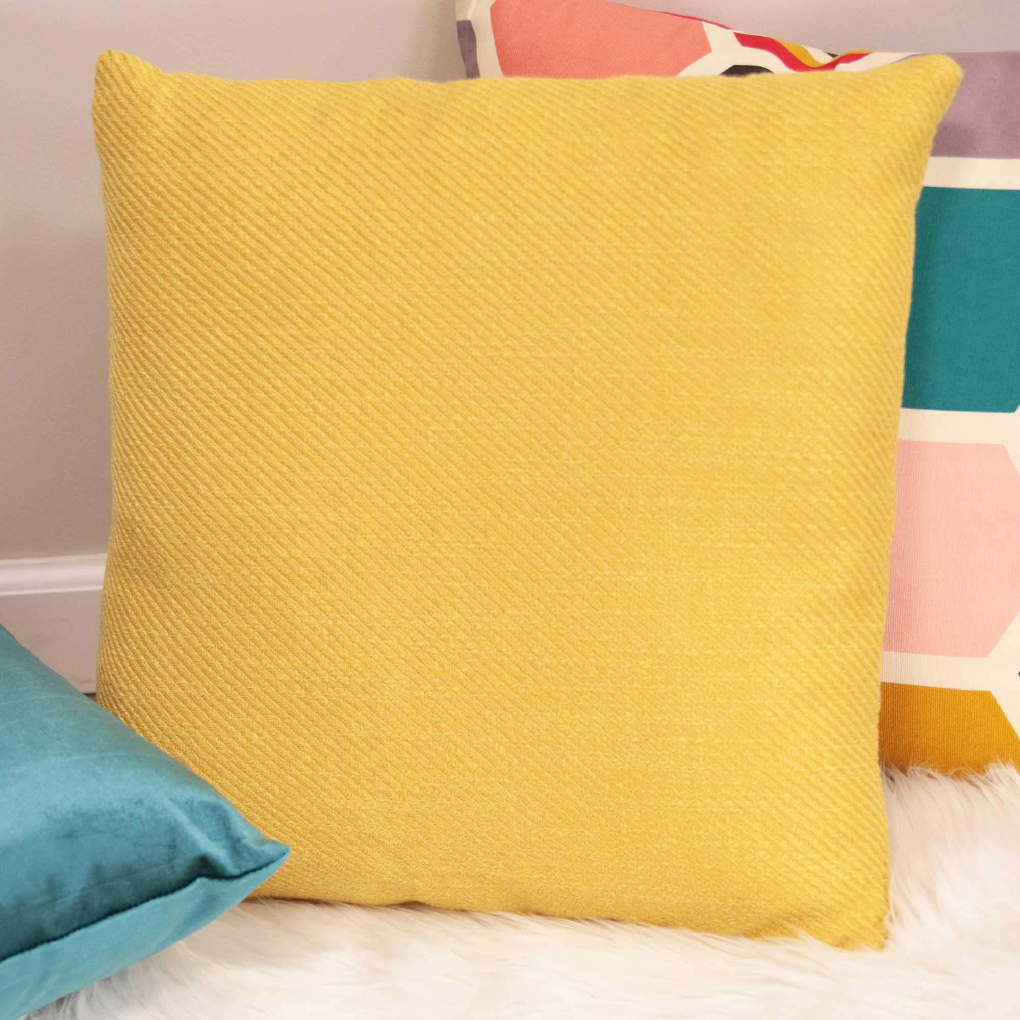 Mustard yellow tweed textured velvet square pillow, 18 inches, soft and stylish for home decor.