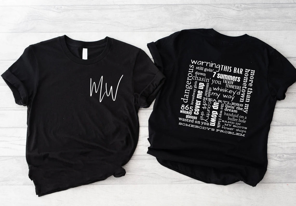 MW Tracklist Tee featuring a vibrant tracklist design, made from soft fabric, suitable for unisex wear.