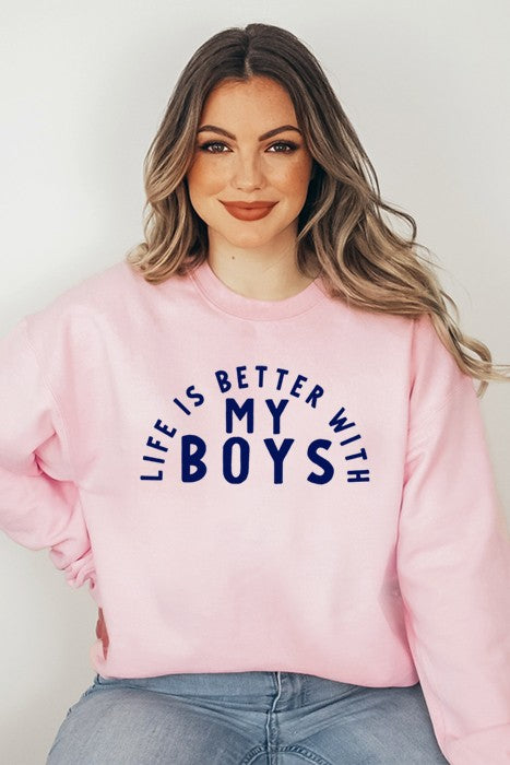 A cozy My Boys Sweatshirt made from a soft cotton/poly blend, featuring a relaxed fit and Gildan branding, perfect for moms.