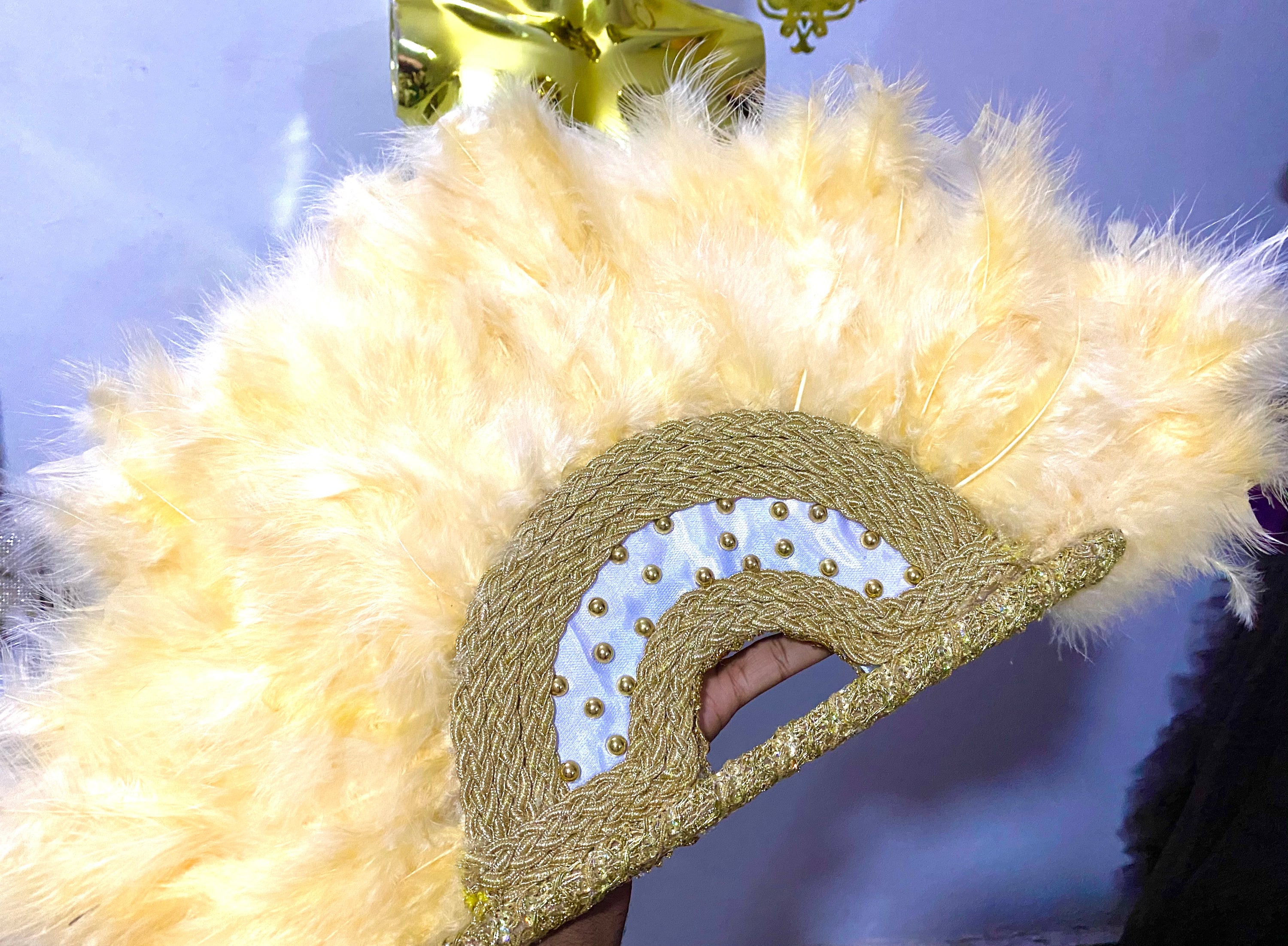 Nadia Dance Fan featuring fluffy feathers, customizable colors, and elegant tassels, perfect for dance performances.