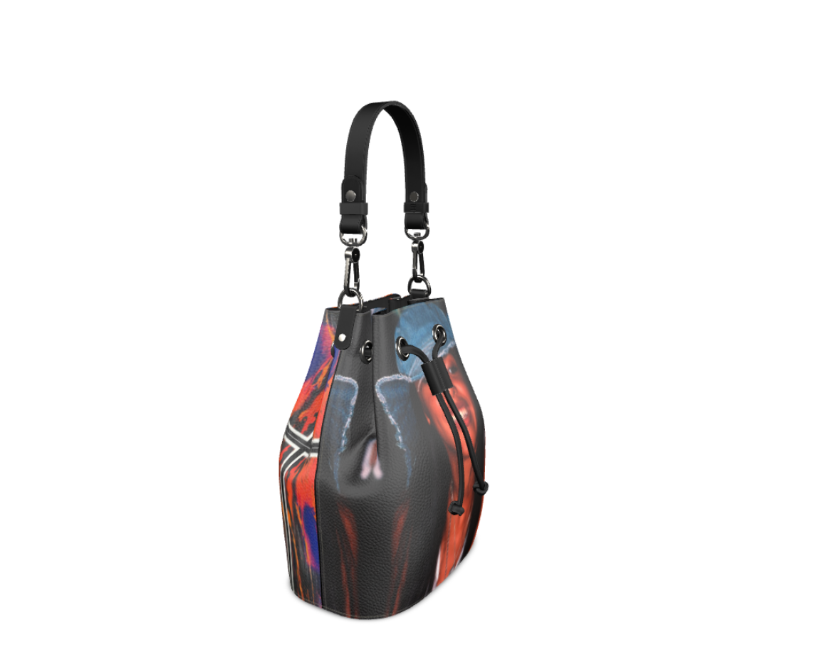 Nappa Leather Art Aaliyah Bag showcasing Art Remix design, featuring grab strap and shoulder strap, with faux suede lining and hand-painted edges.