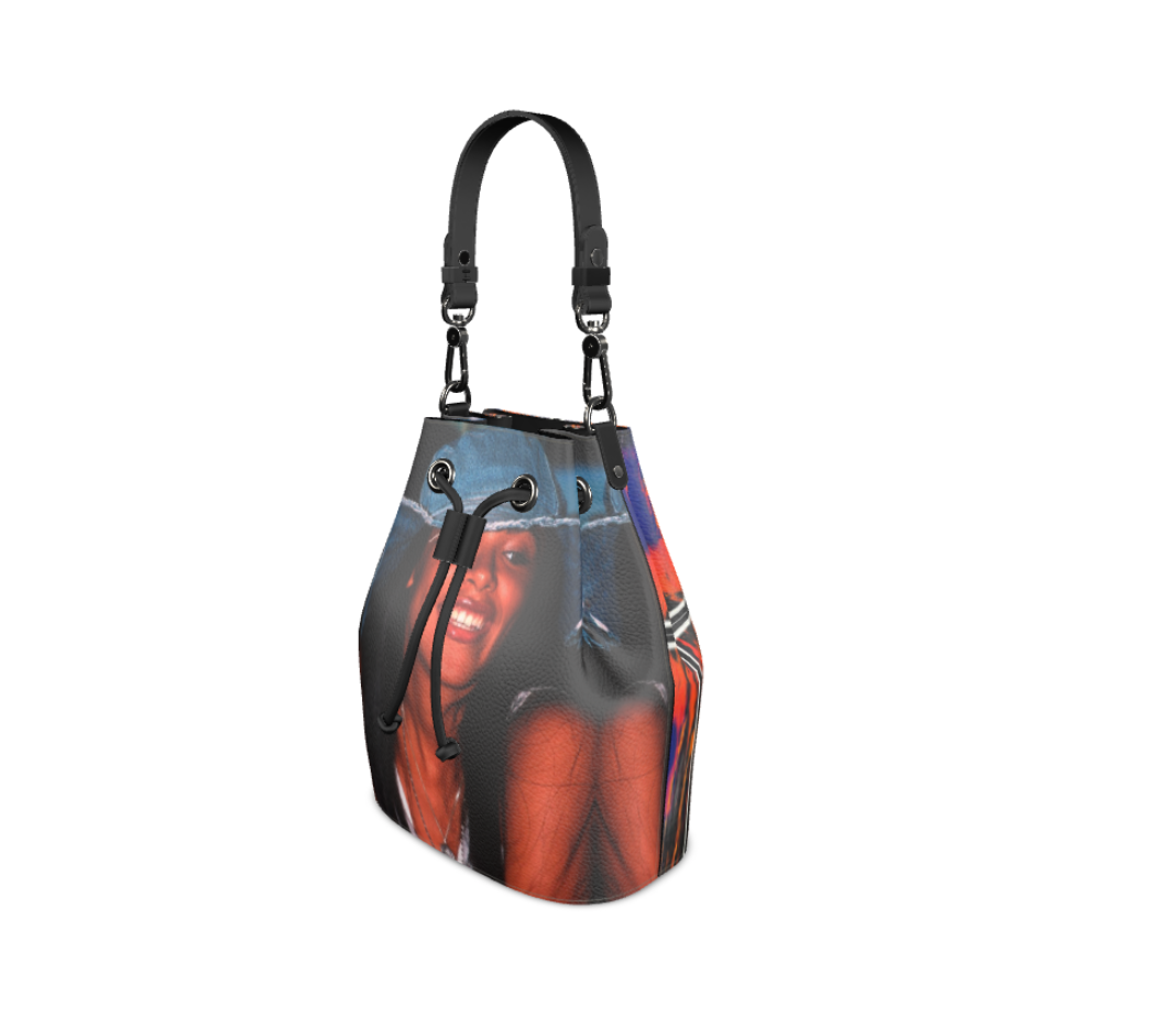 Nappa Leather Art Aaliyah Bag showcasing Art Remix design, featuring grab strap and shoulder strap, with faux suede lining and hand-painted edges.