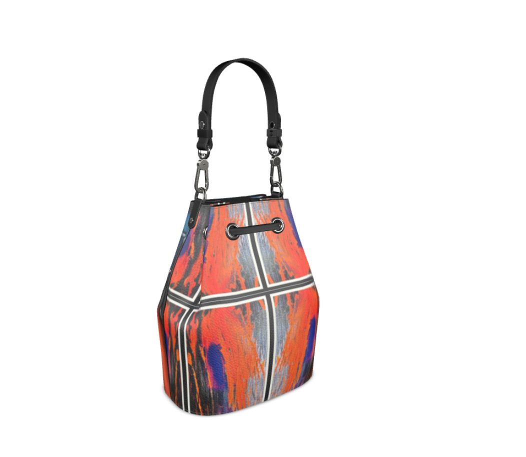 Nappa Leather Art Aaliyah Bag showcasing Art Remix design, featuring grab strap and shoulder strap, with faux suede lining and hand-painted edges.