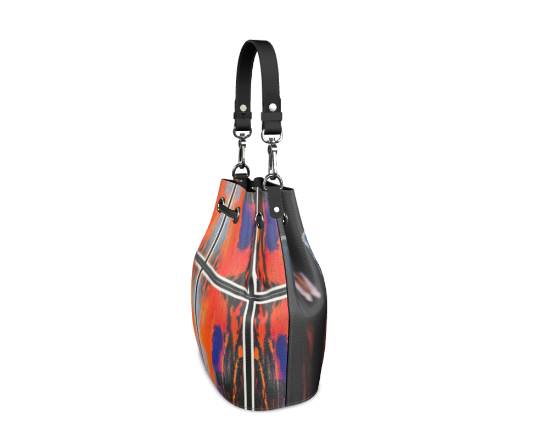 Nappa Leather Art Aaliyah Bag showcasing Art Remix design, featuring grab strap and shoulder strap, with faux suede lining and hand-painted edges.