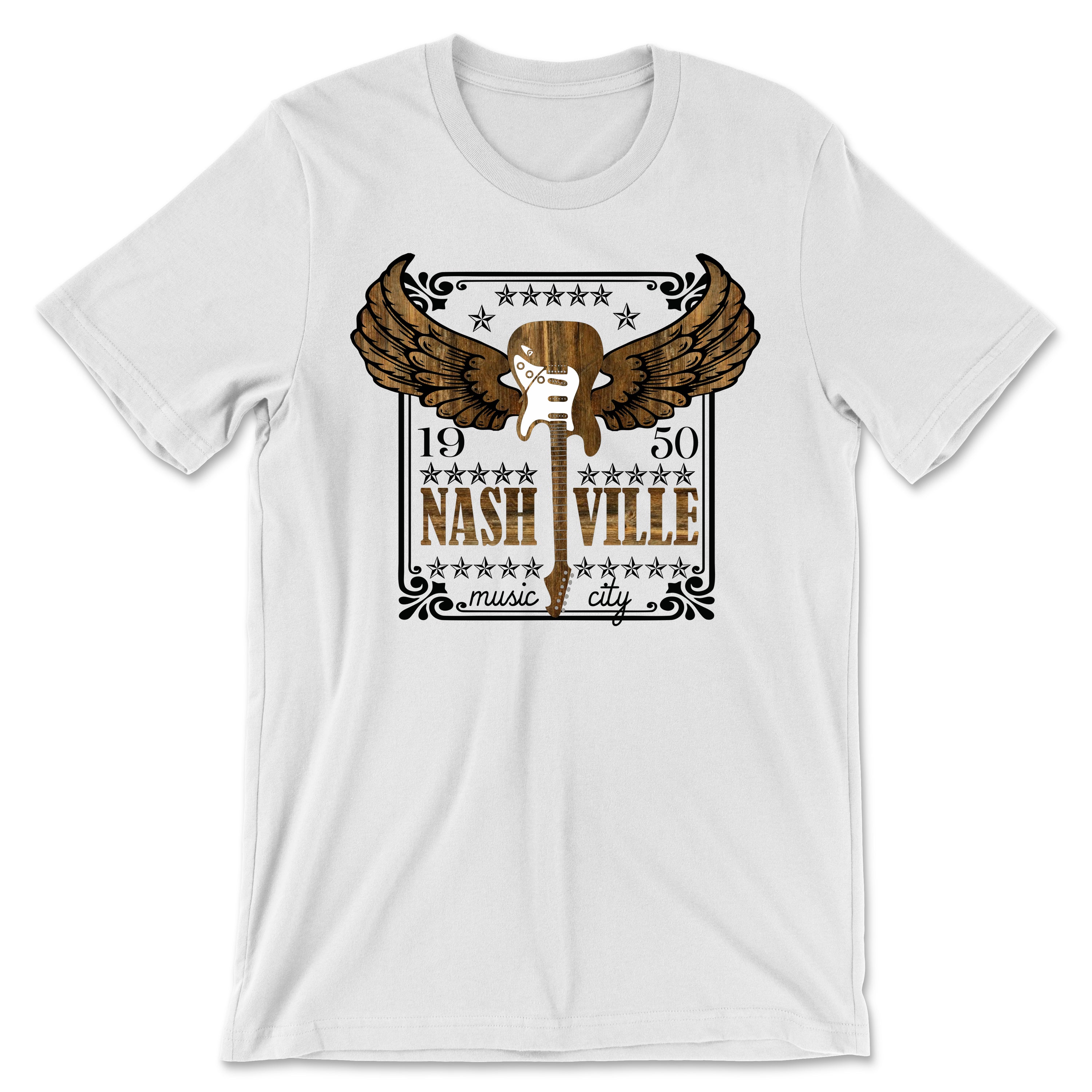 A stylish Nashville Music City Tee featuring vibrant graphics, designed and printed in the USA, perfect for music lovers.