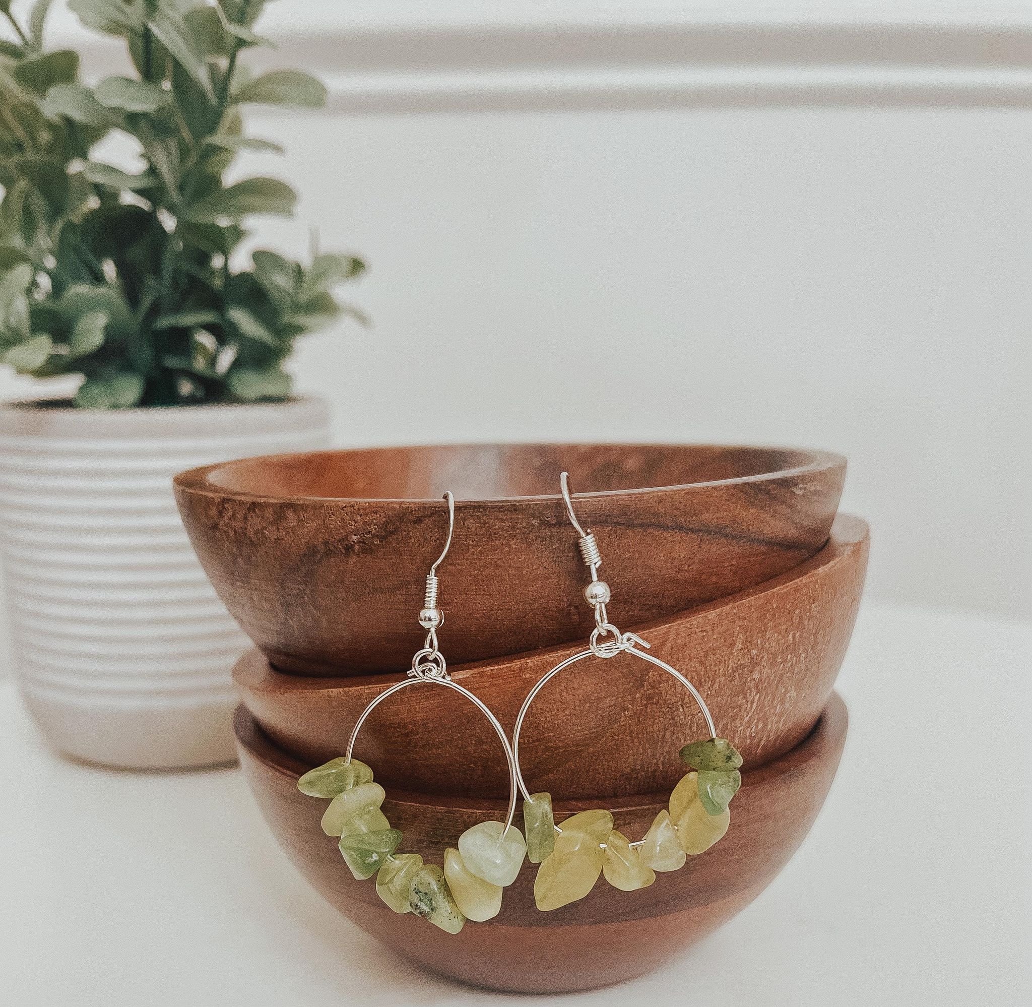 A pair of handmade Natural Stone Chip Earrings featuring various colorful natural stones on hypoallergenic silver fish hooks.