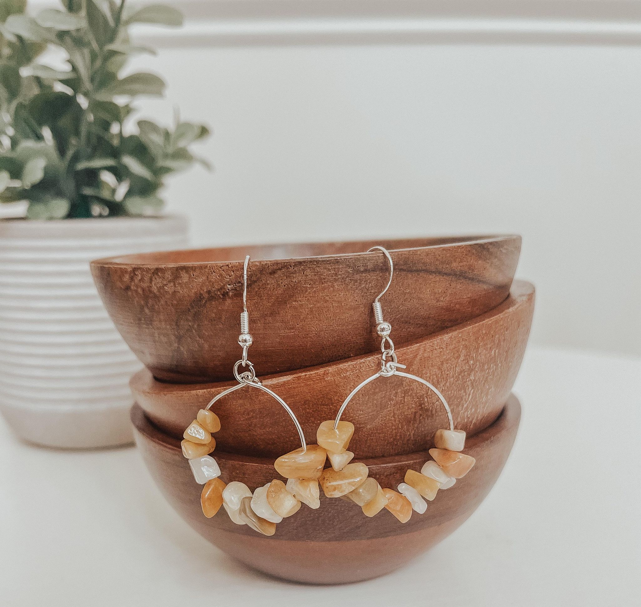 A pair of handmade Natural Stone Chip Earrings featuring various colorful natural stones on hypoallergenic silver fish hooks.