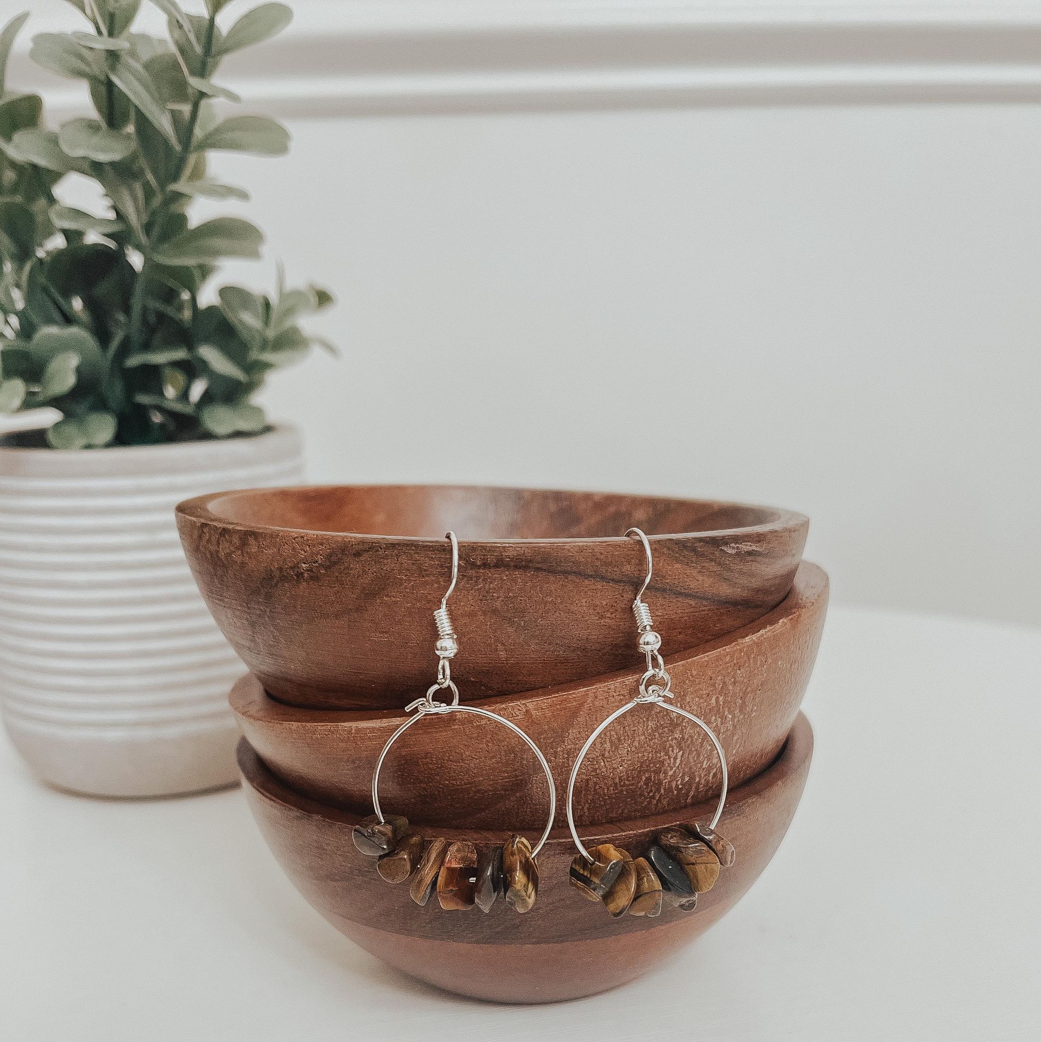 A pair of handmade Natural Stone Chip Earrings featuring various colorful natural stones on hypoallergenic silver fish hooks.