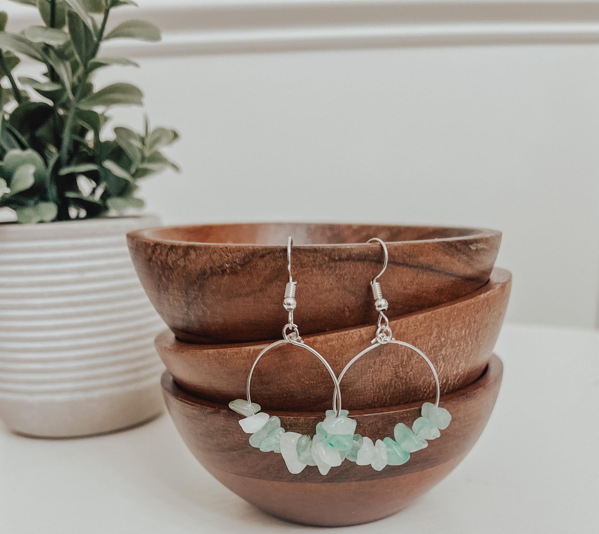 A pair of handmade Natural Stone Chip Earrings featuring various colorful natural stones on hypoallergenic silver fish hooks.