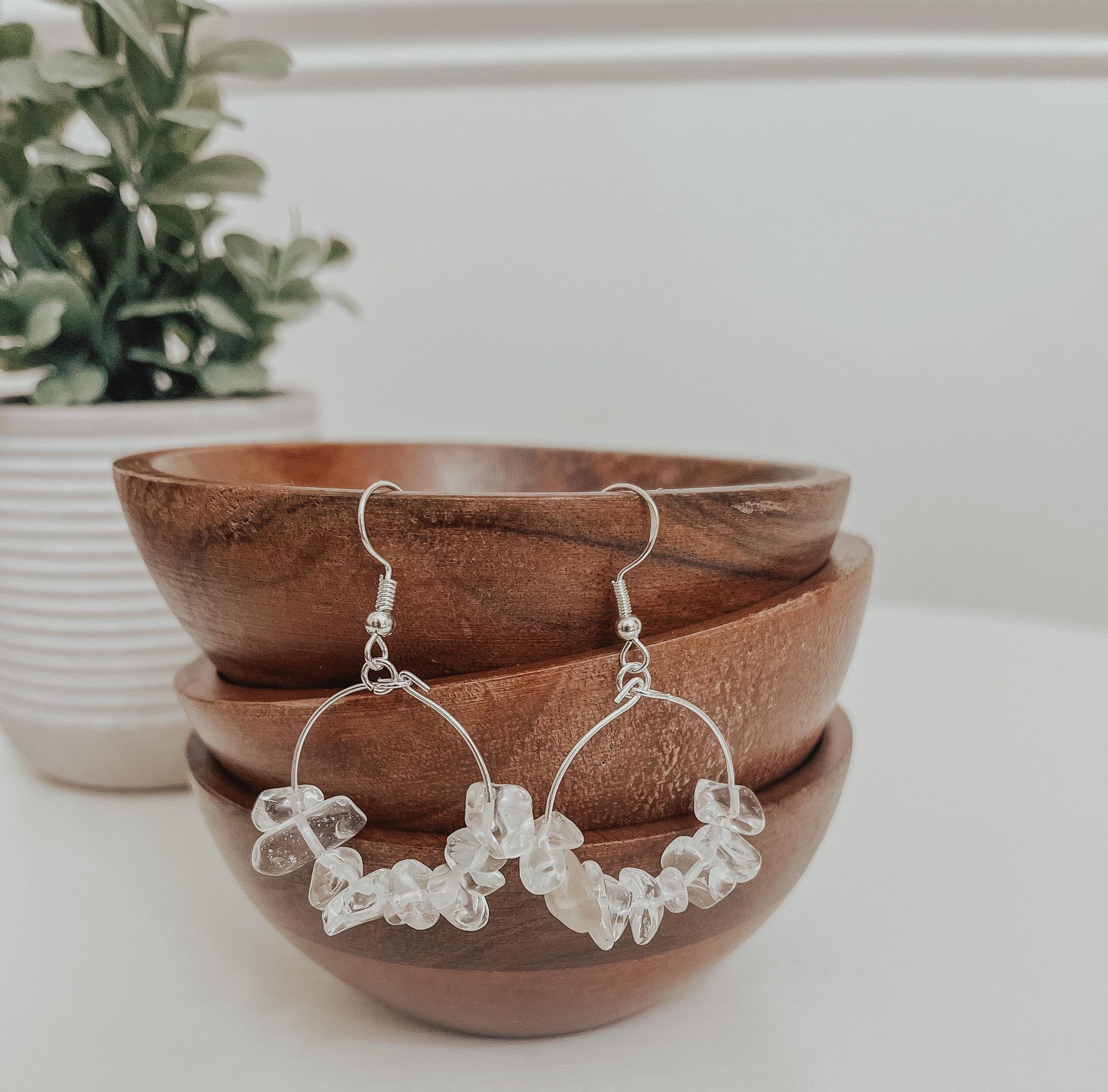 A pair of handmade Natural Stone Chip Earrings featuring various colorful natural stones on hypoallergenic silver fish hooks.