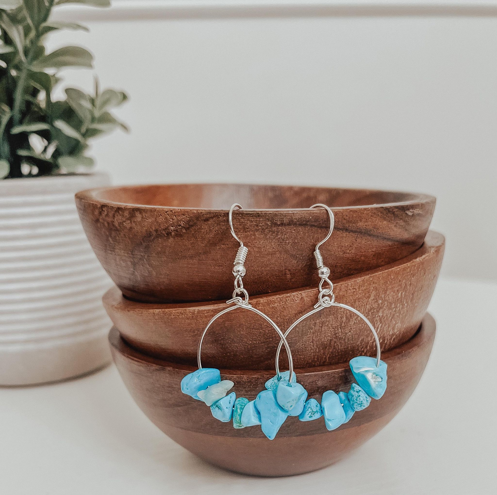 A pair of handmade Natural Stone Chip Earrings featuring various colorful natural stones on hypoallergenic silver fish hooks.