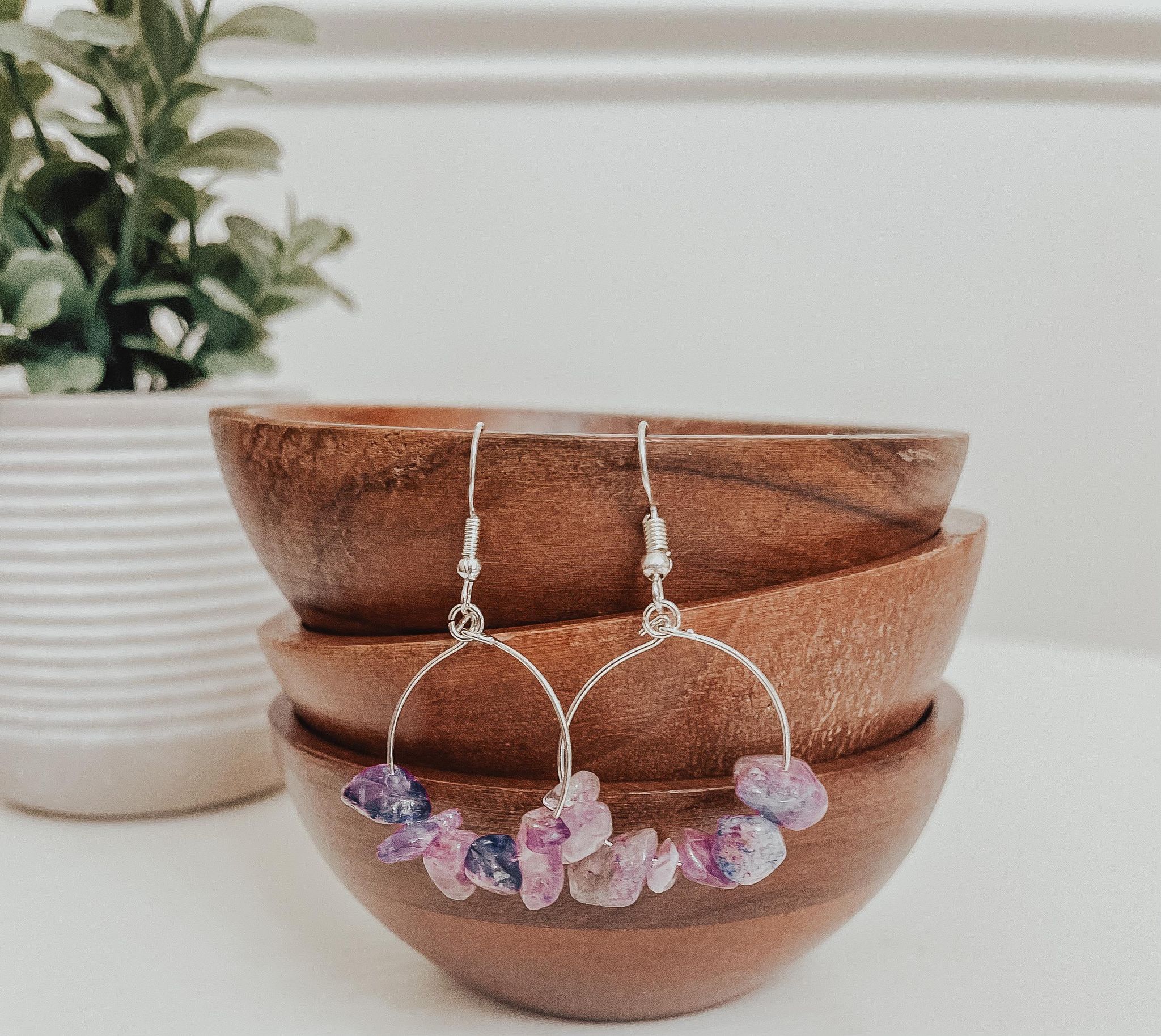 A pair of handmade Natural Stone Chip Earrings featuring various colorful natural stones on hypoallergenic silver fish hooks.