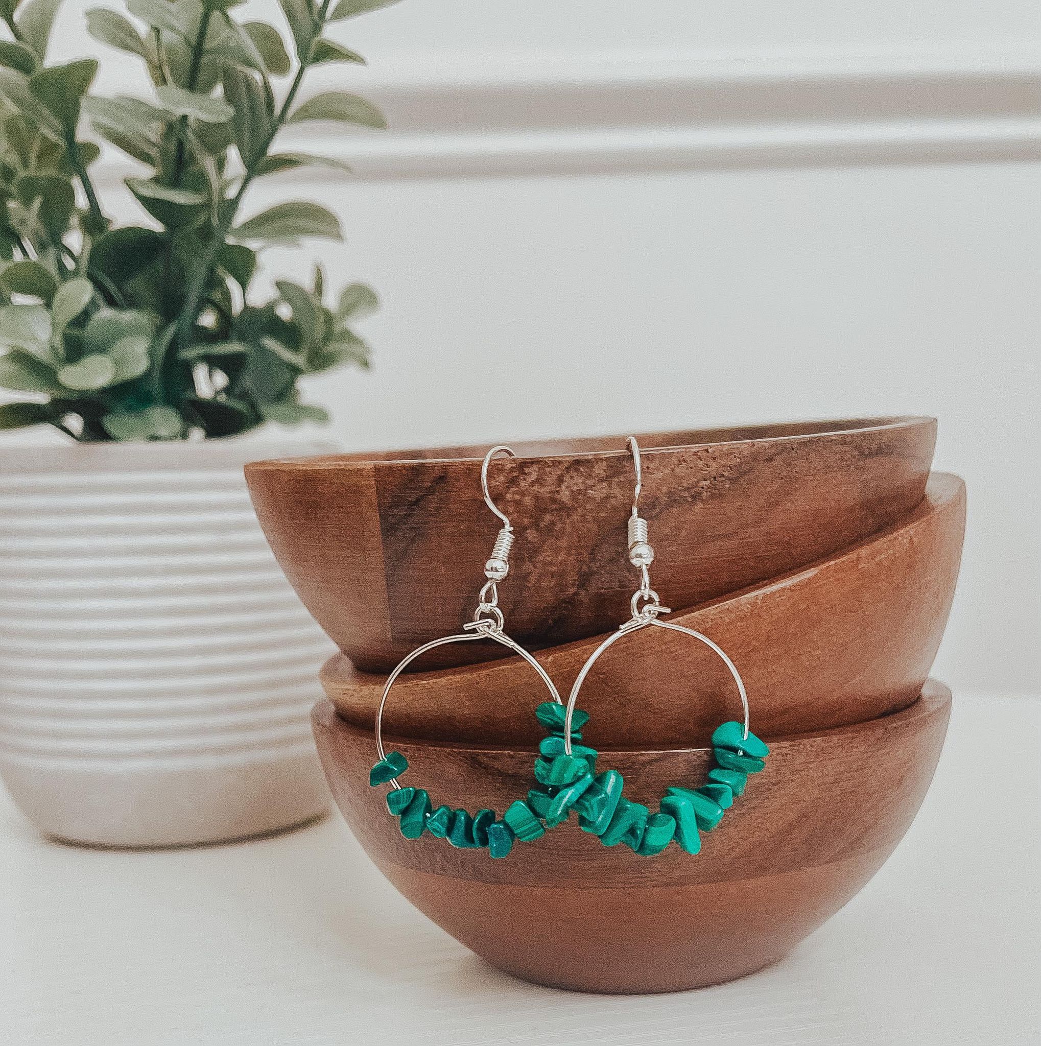 A pair of handmade Natural Stone Chip Earrings featuring various colorful natural stones on hypoallergenic silver fish hooks.