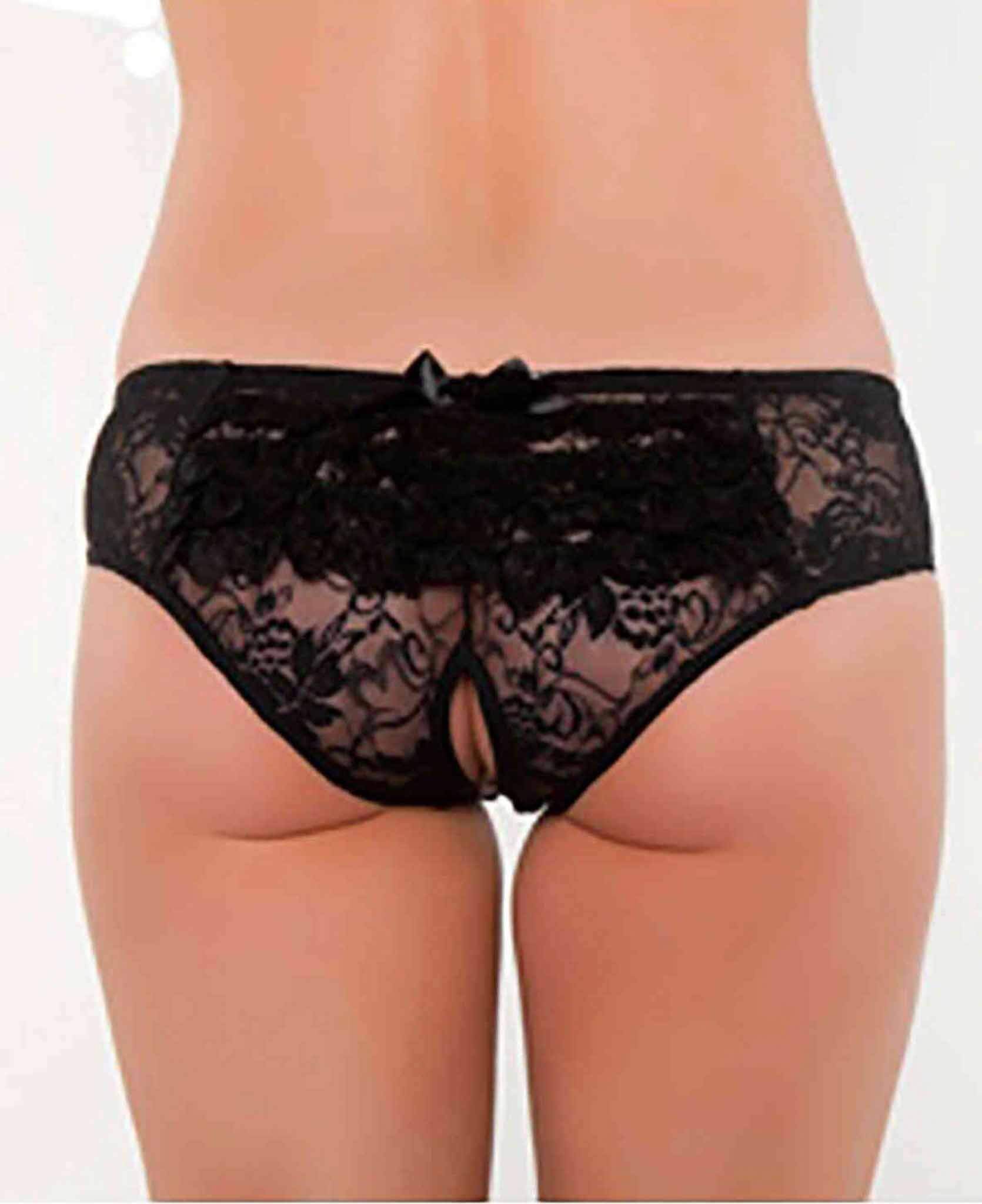 A pair of Naughty Panty featuring an open back and crotchless design, showcasing a blend of comfort and allure in a stylish lingerie piece.