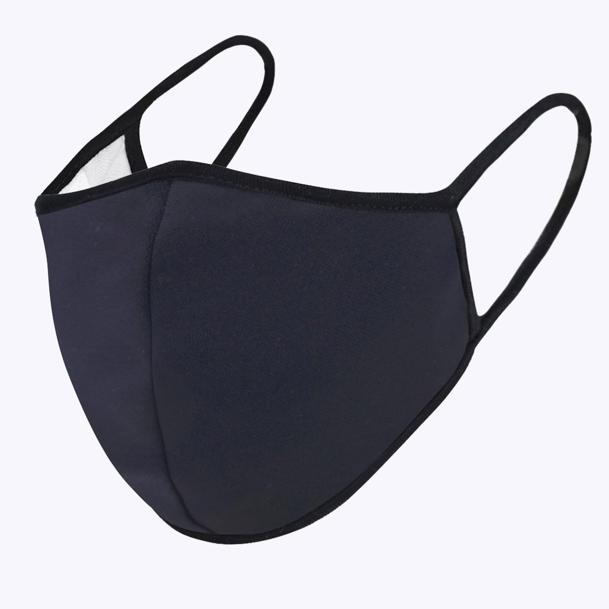 Navy 3-layered face mask with polyester exterior and cotton lining, featuring a replacement filter pocket and comfortable fit.