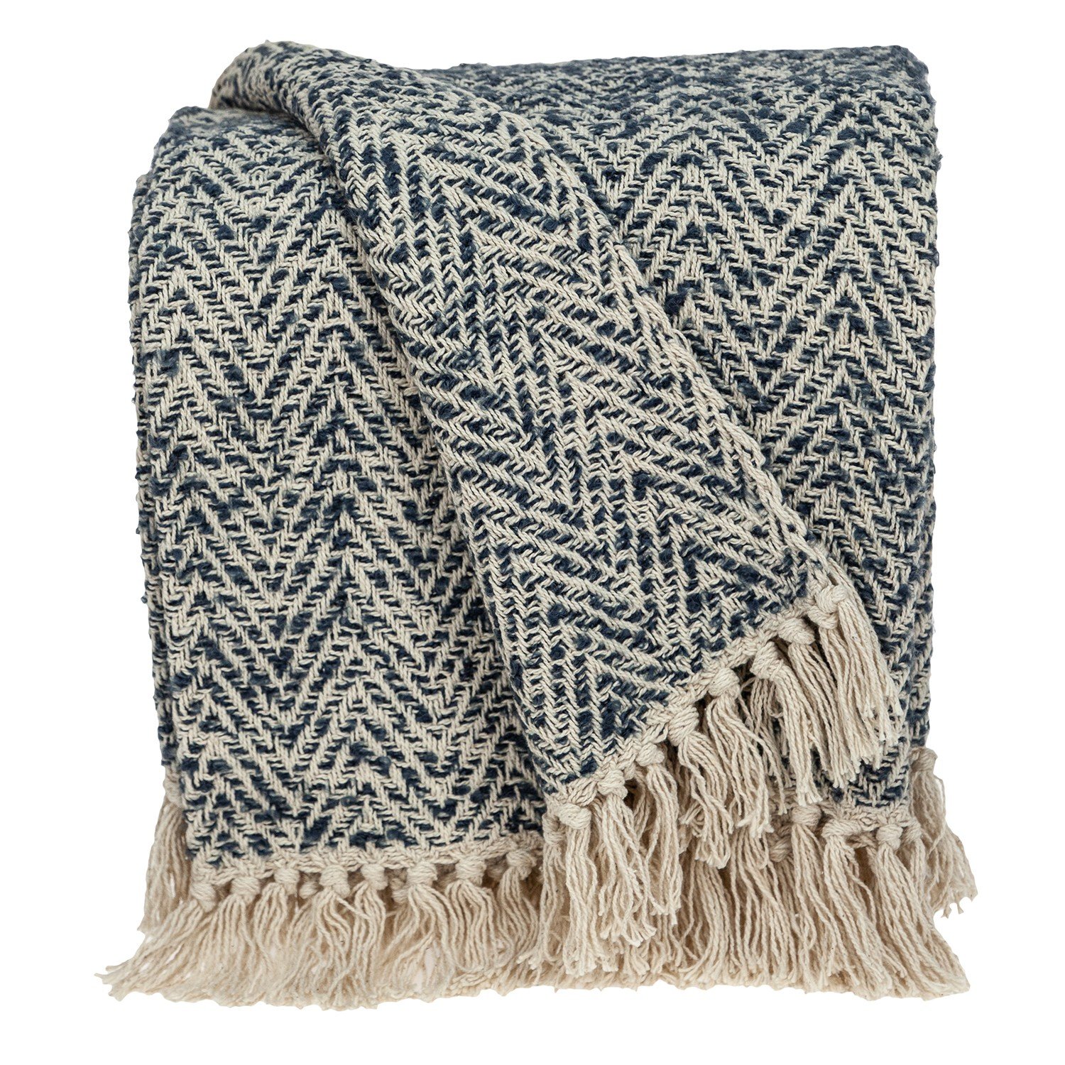 Navy and Cream Herringbone Throw Blanket with beige fringe, draped elegantly over a sofa.