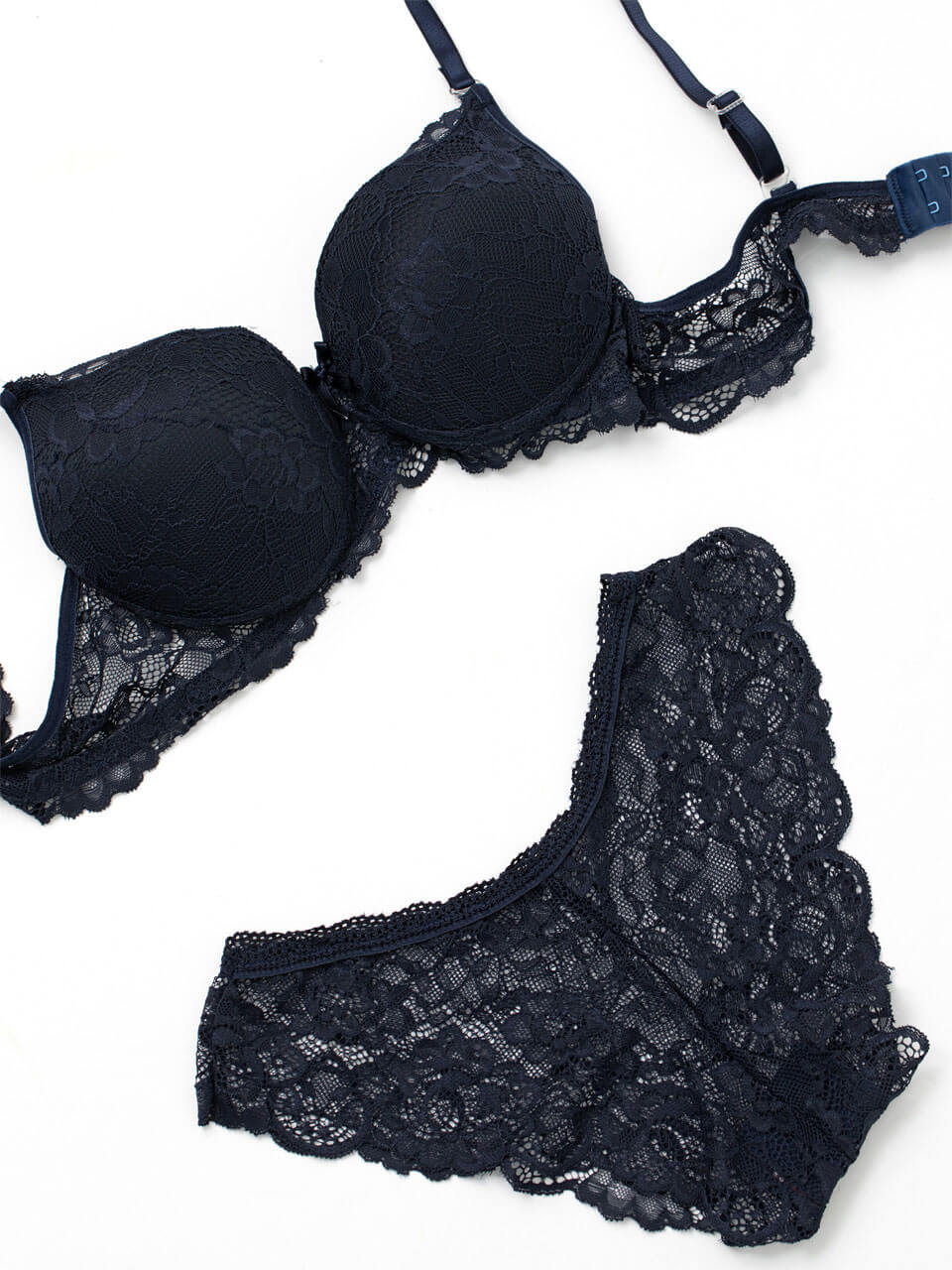 Navy Blue Bra Panty Set featuring elegant lace design and adjustable straps, perfect for comfort and style.