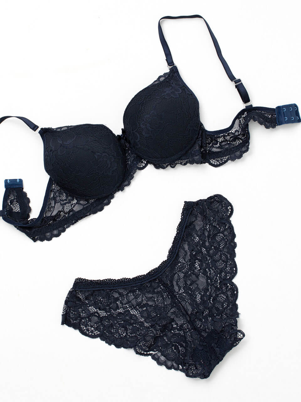 Navy Blue Bra Panty Set featuring elegant lace design and adjustable straps, perfect for comfort and style.