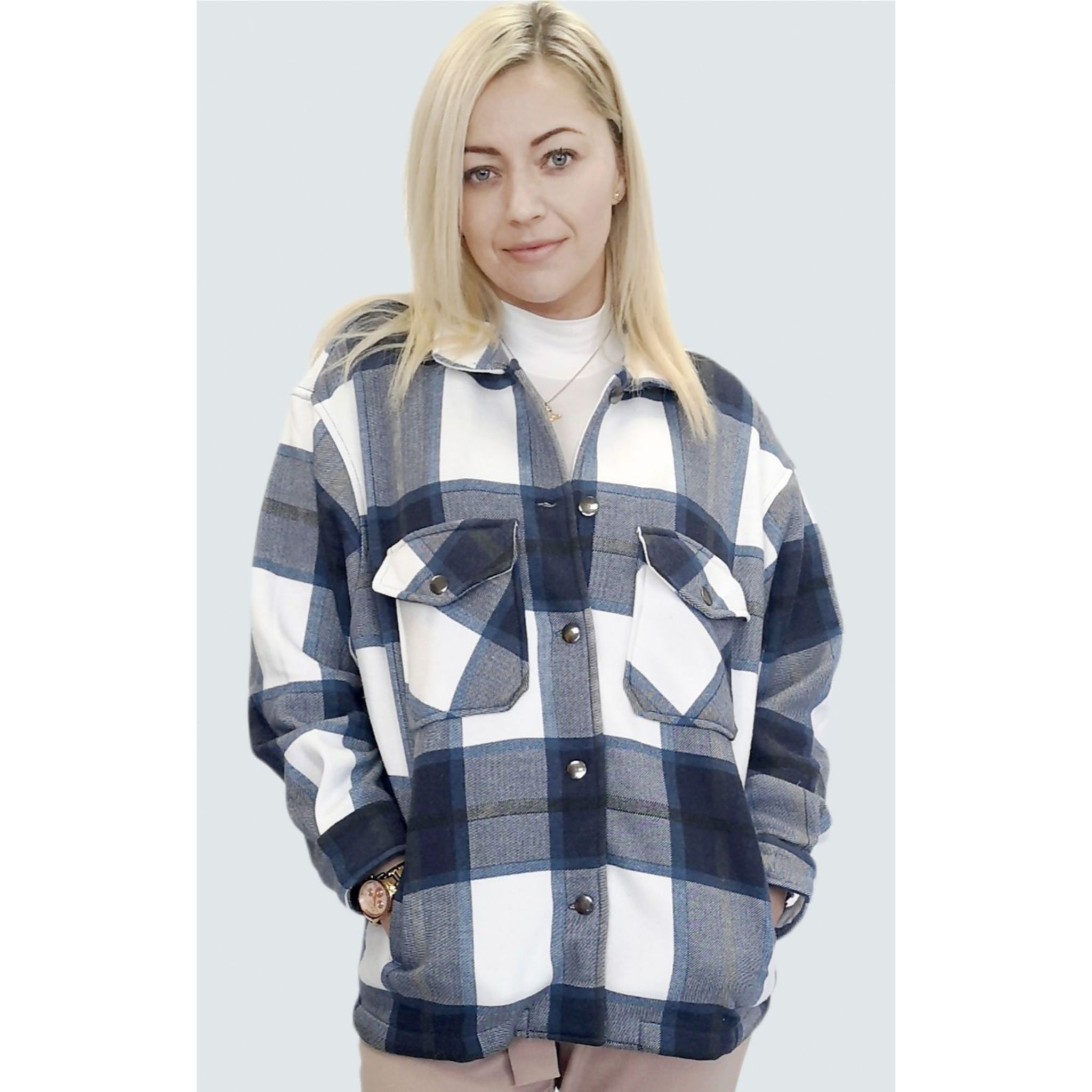 Navy blue checked shacket for women featuring beige check print, oversized fit, and button fastening.