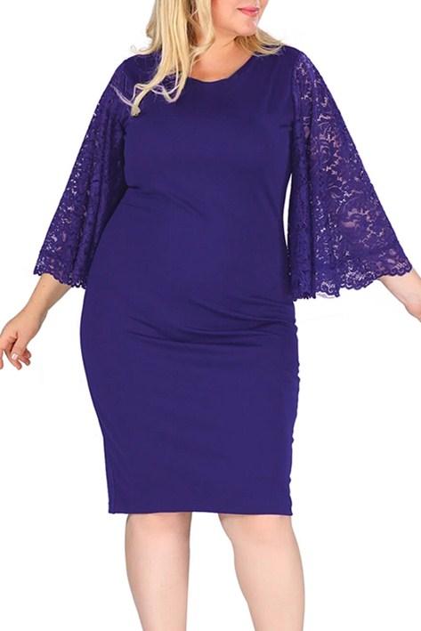 Navy lace flutter sleeve plus size bodycon formal dress with elegant design and keyhole back detail.