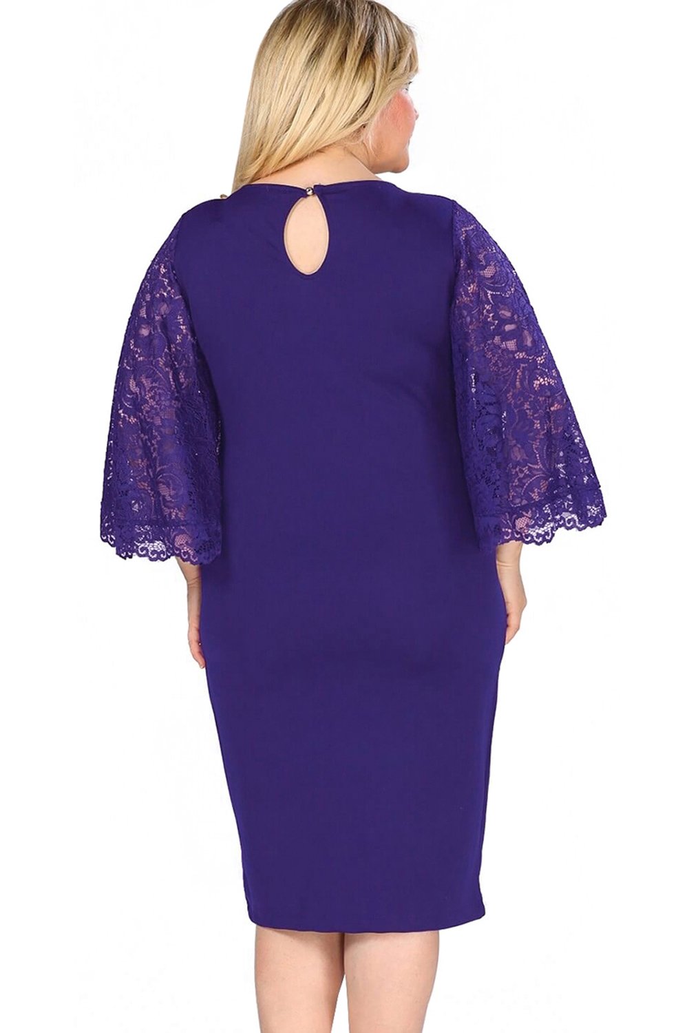 Navy lace flutter sleeve plus size bodycon formal dress with elegant design and keyhole back detail.