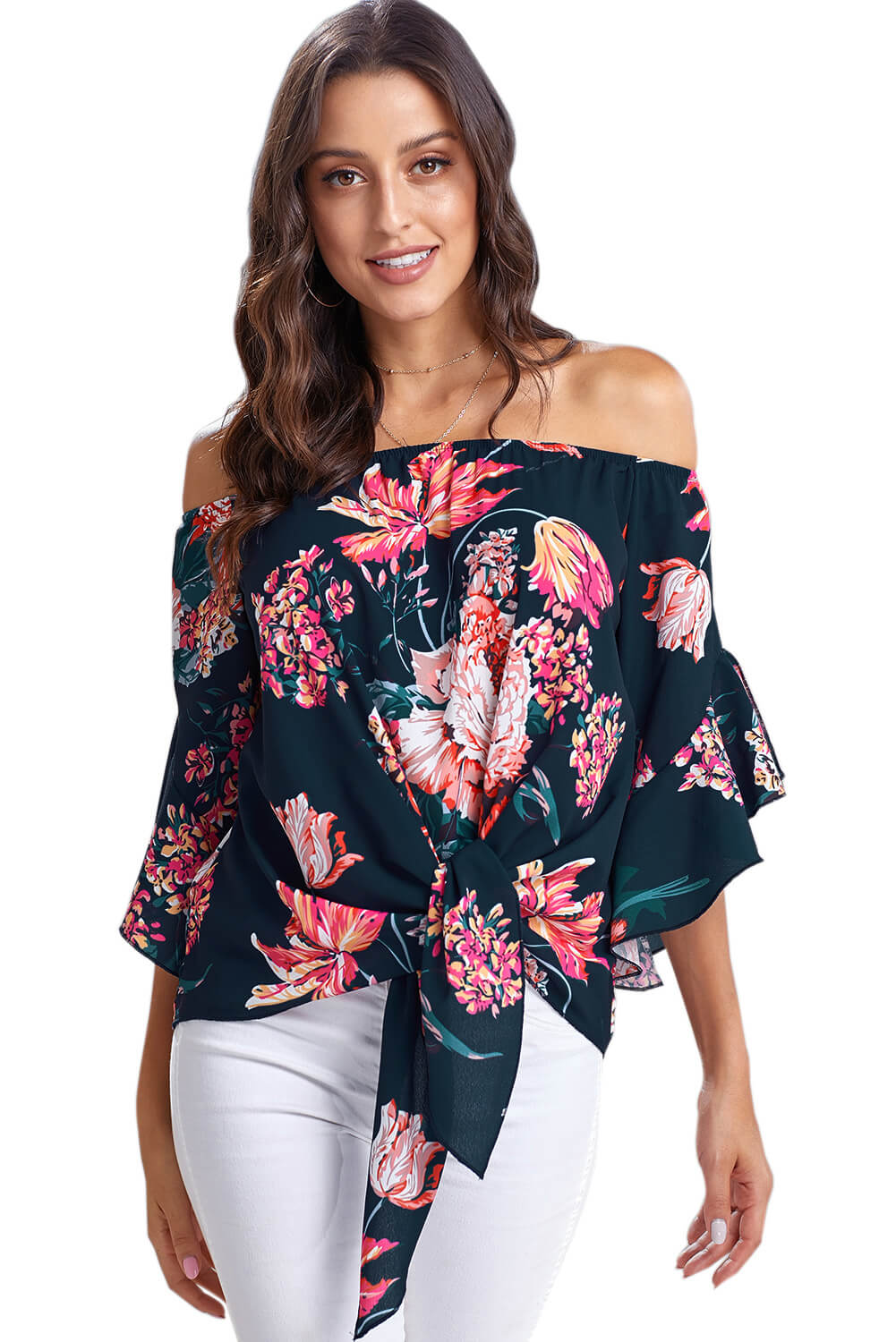 Navy off shoulder floral tie front high low chiffon blouse with 3/4 sleeves, showcasing a stylish and elegant design.