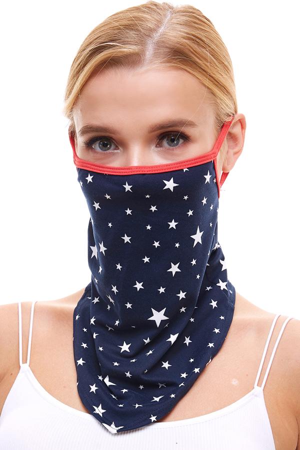 American flag printed neck gaiter bandana scarf face mask with ear loop, fully covering mouth and nose.