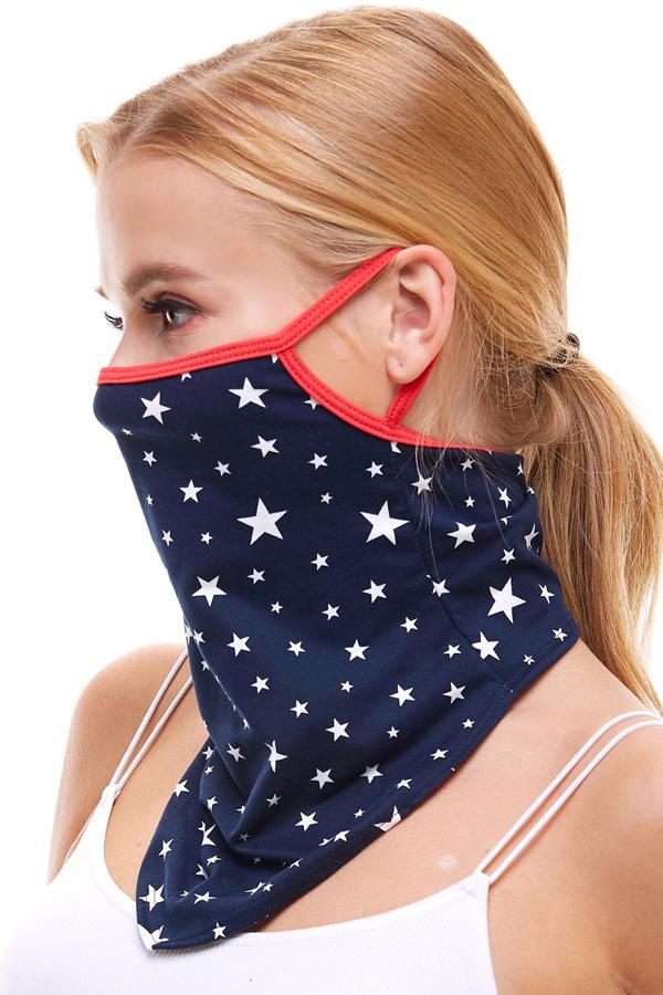 American flag printed neck gaiter bandana scarf face mask with ear loop, fully covering mouth and nose.