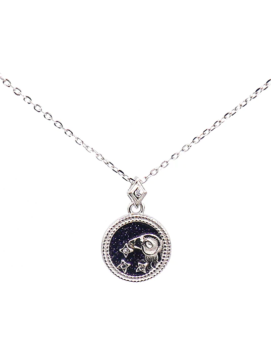 Elegant silver necklace featuring an ARIES horoscope sign pendant, showcasing intricate details.