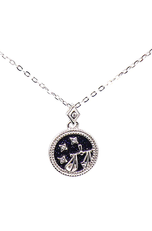 Elegant silver LIBRA horoscope pendant necklace, showcasing intricate design and shiny finish.