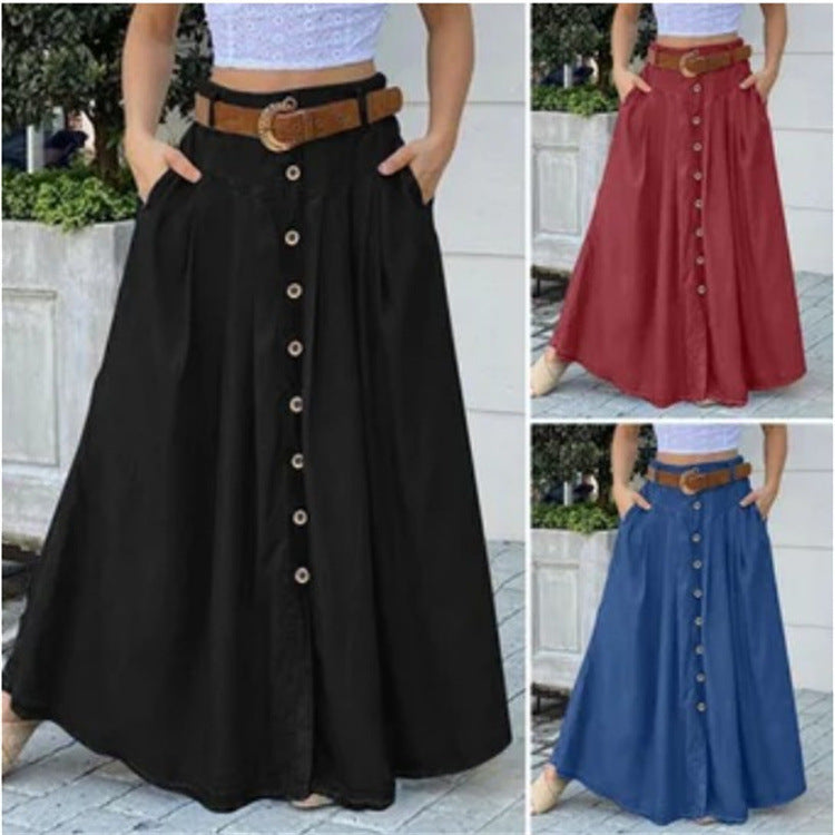 New Autumn Women's Long Skirt featuring a high waist, solid color, and pockets, designed for casual wear.