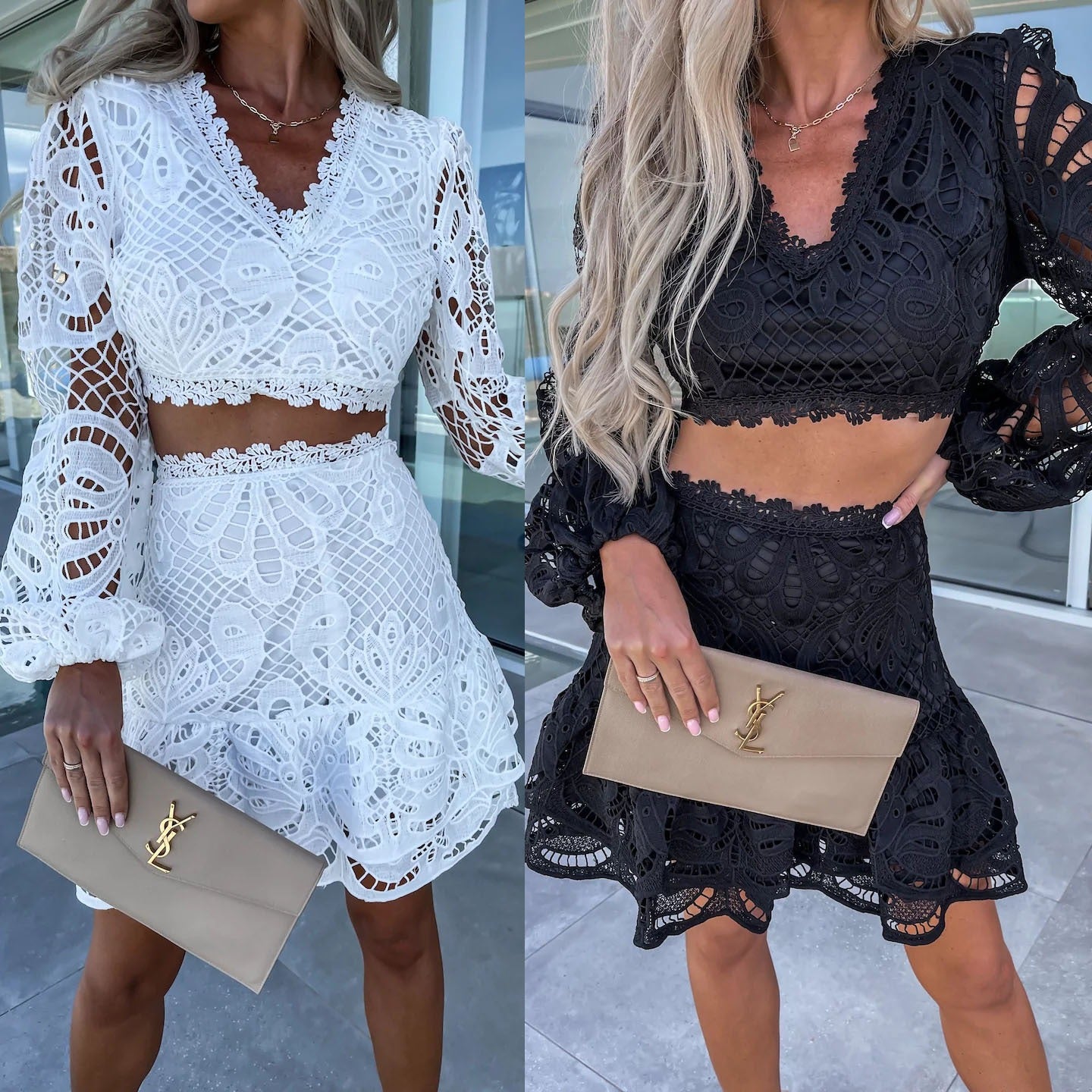 A stylish long sleeve lace set featuring a solid color design, perfect for casual vacations, showcasing lantern sleeves and a trendy exposed navel.