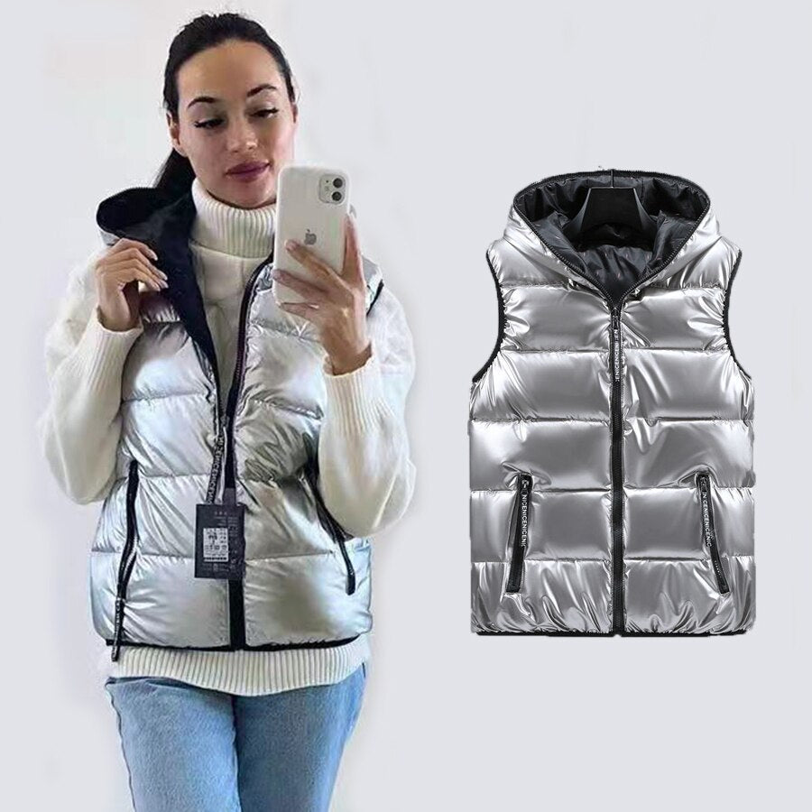 A stylish women's winter vest featuring a hood, bright colors, and cotton padding, perfect for leisure activities in cold weather.