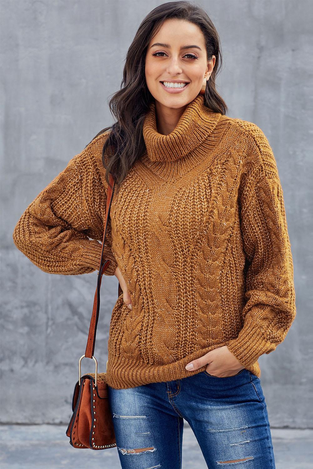 A vibrant yellow chunky turtleneck winter sweater with full sleeves, showcasing a loose fit and knitted texture, perfect for casual winter wear.