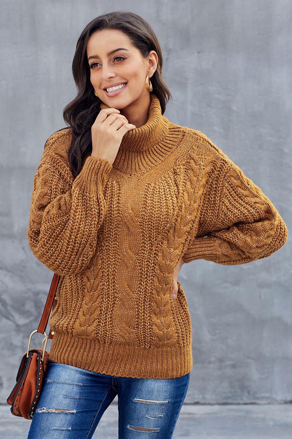 A vibrant yellow chunky turtleneck winter sweater with full sleeves, showcasing a loose fit and knitted texture, perfect for casual winter wear.