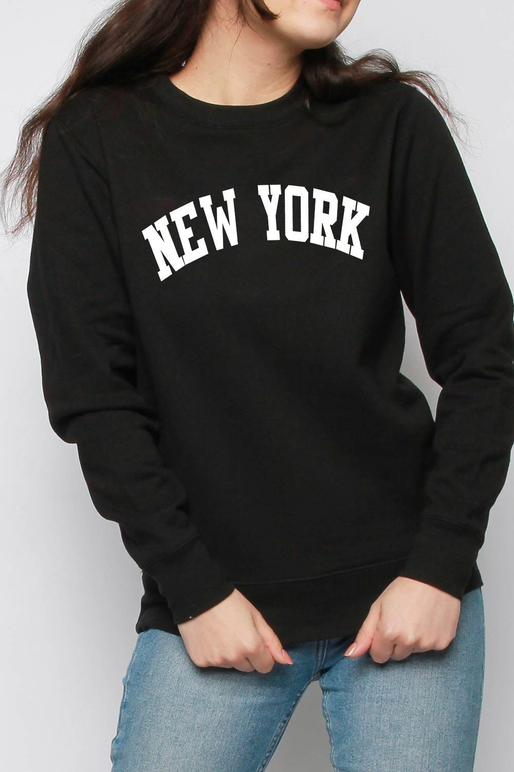 Black New York Oversized Crew Neck Sweatshirt featuring a bold 'New York' print and ribbed details.