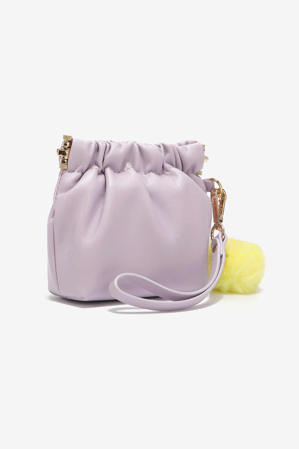 Nicole Lee USA Faux Leather Pouch in two-tone design with gold-tone hardware and detachable pompom keychain.