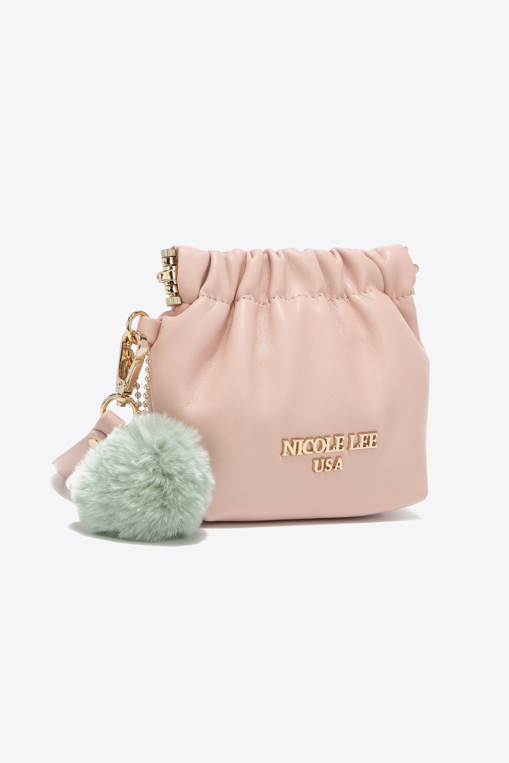 Nicole Lee USA Faux Leather Pouch in two-tone design with gold-tone hardware and detachable pompom keychain.