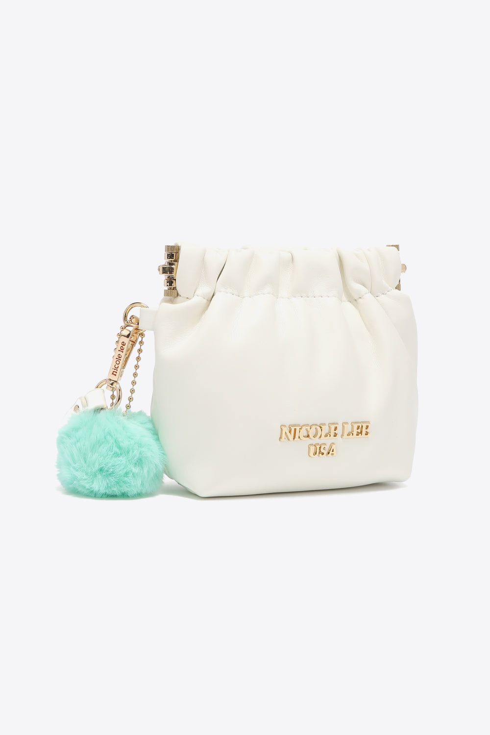 Nicole Lee USA Faux Leather Pouch in two-tone design with gold-tone hardware and detachable pompom keychain.