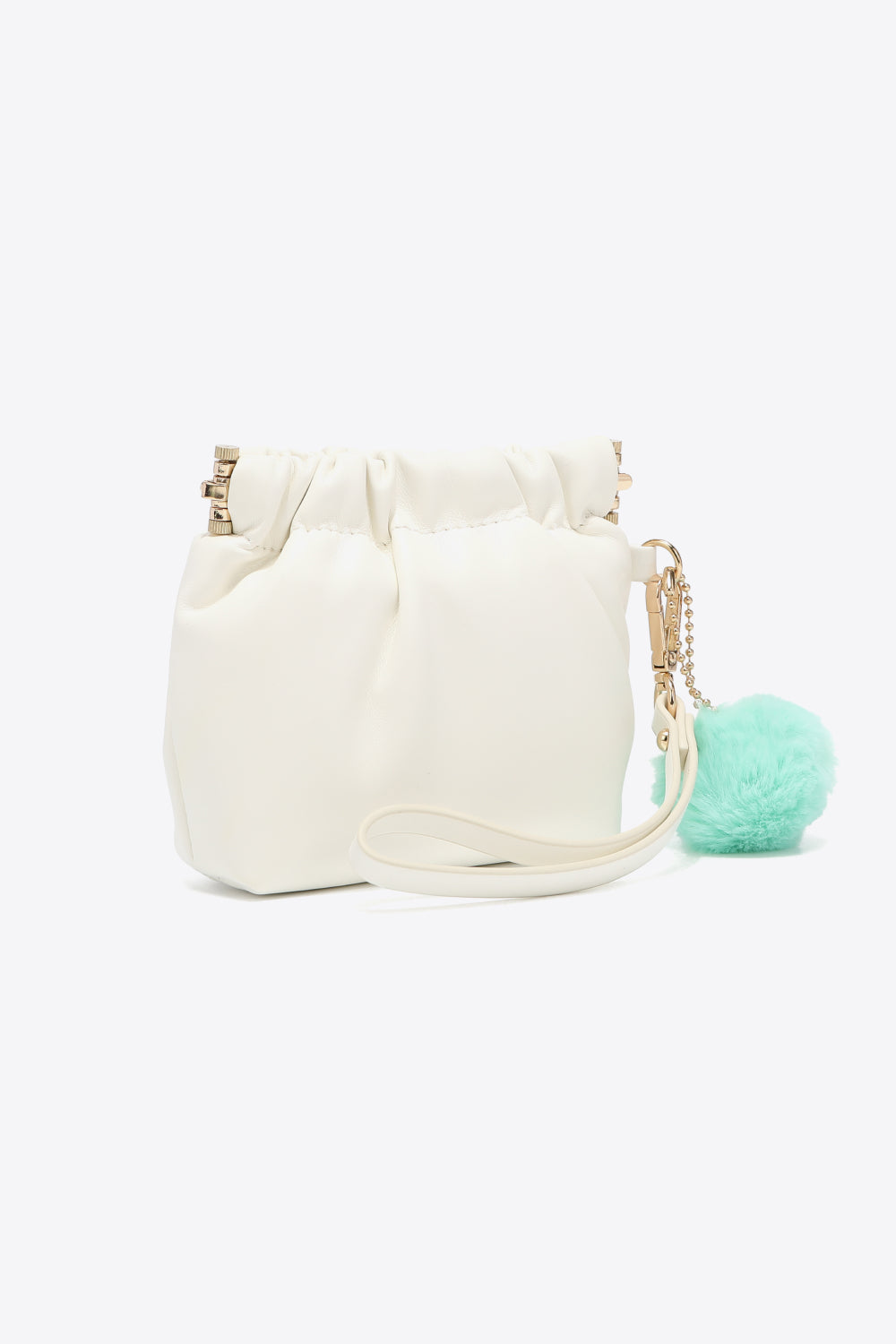 Nicole Lee USA Faux Leather Pouch in two-tone design with gold-tone hardware and detachable pompom keychain.