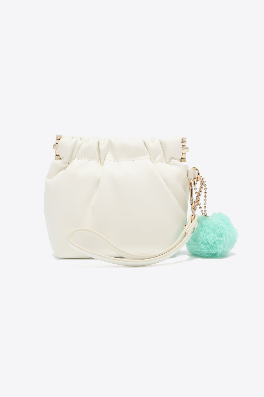 Nicole Lee USA Faux Leather Pouch in two-tone design with gold-tone hardware and detachable pompom keychain.