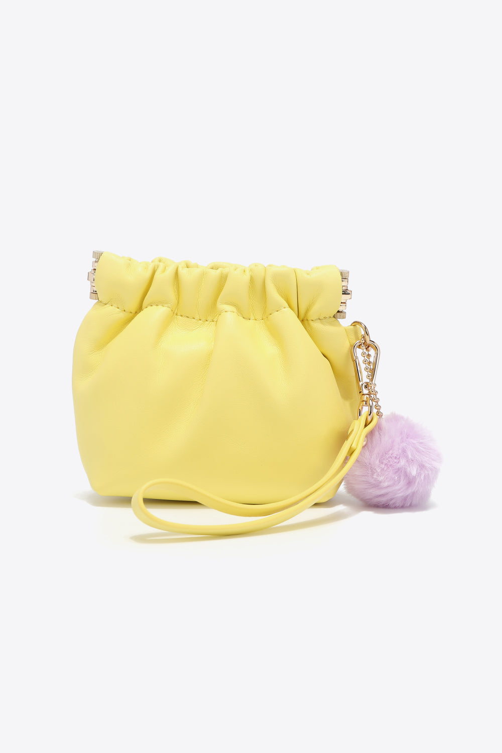 Nicole Lee USA Faux Leather Pouch in two-tone design with gold-tone hardware and detachable pompom keychain.