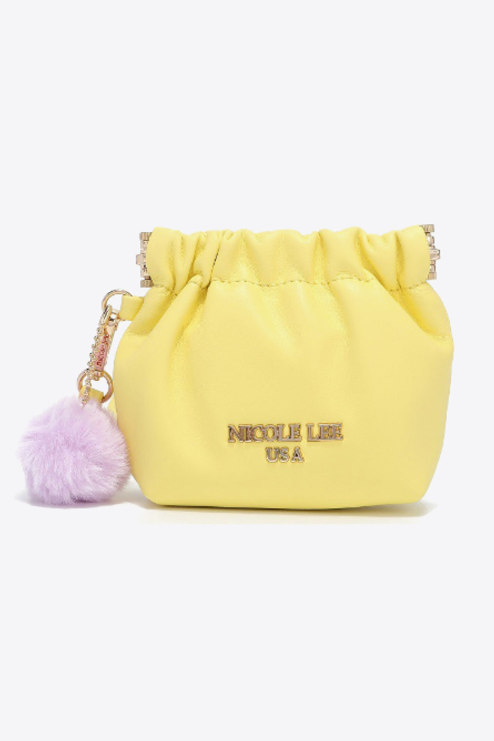 Nicole Lee USA Faux Leather Pouch in two-tone design with gold-tone hardware and detachable pompom keychain.